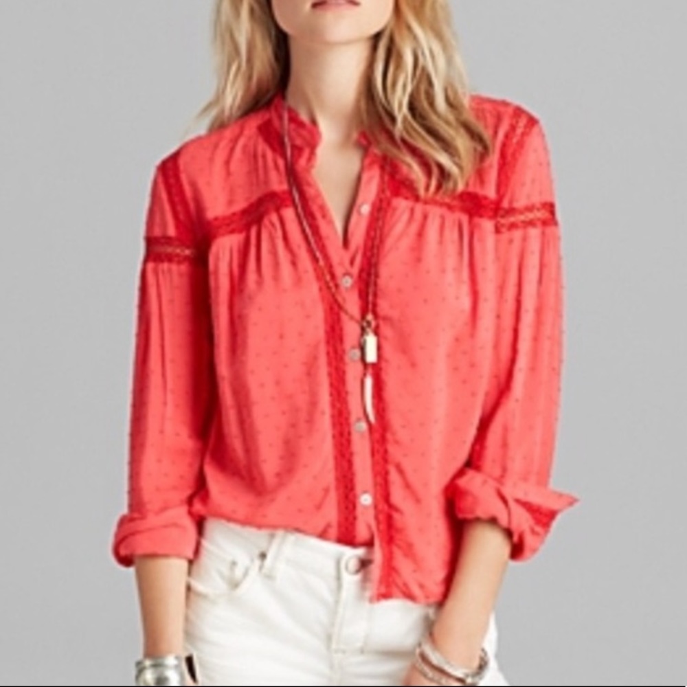 Free People Bright Coral Dot Button-Up Blouse